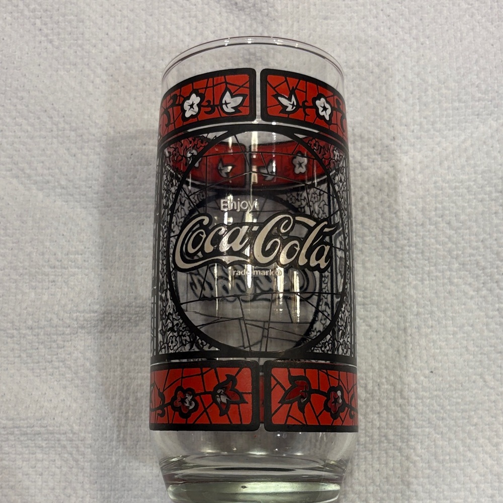 Coca-Cola Glass with Red and Black Floral Design